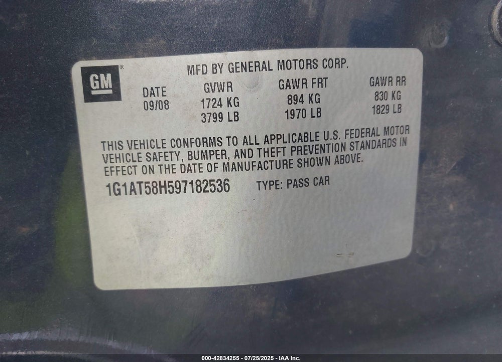 2009 CHEVROLET COBALT VIN: 1G1AT58H597182536