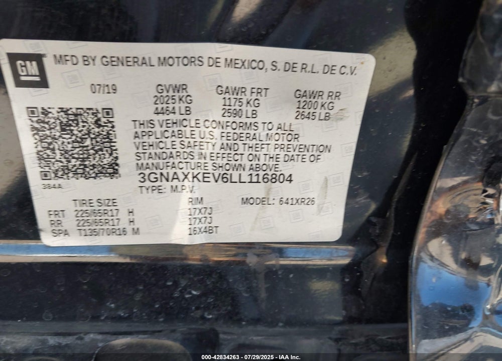 2020 CHEVROLET EQUINOX VIN: 3GNAXKEV6LL116804