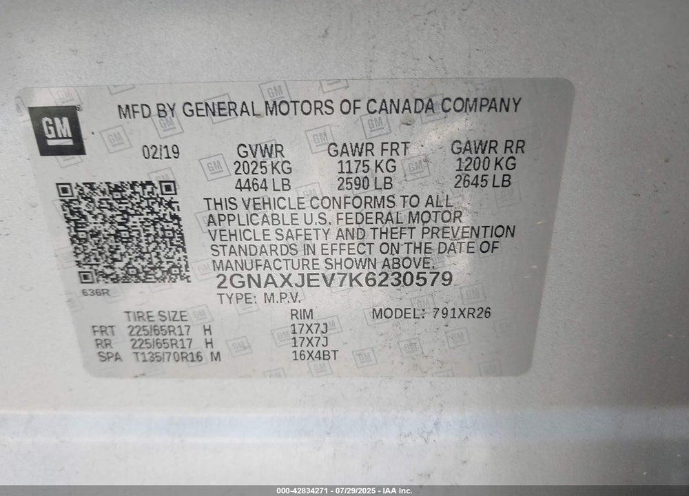 2019 CHEVROLET EQUINOX VIN: 2GNAXJEV7K6230579