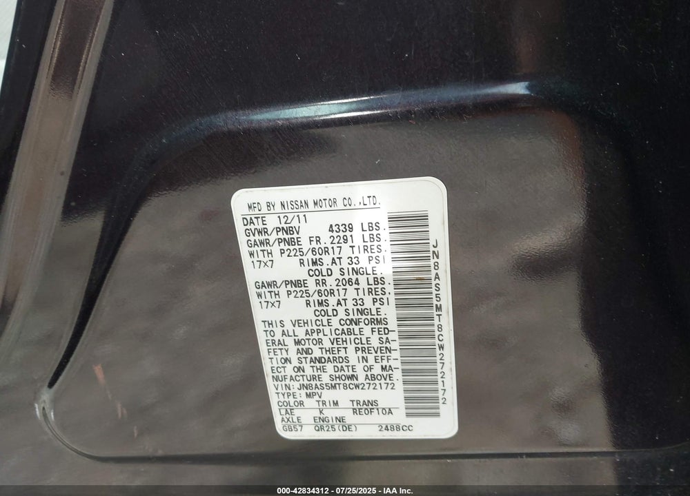2012 NISSAN ROGUE VIN: JN8AS5MT8CW272172
