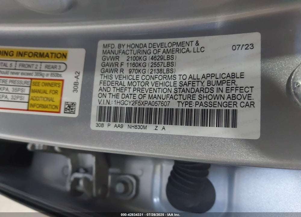2023 HONDA ACCORD VIN: 1HGCY2F5XPA057607