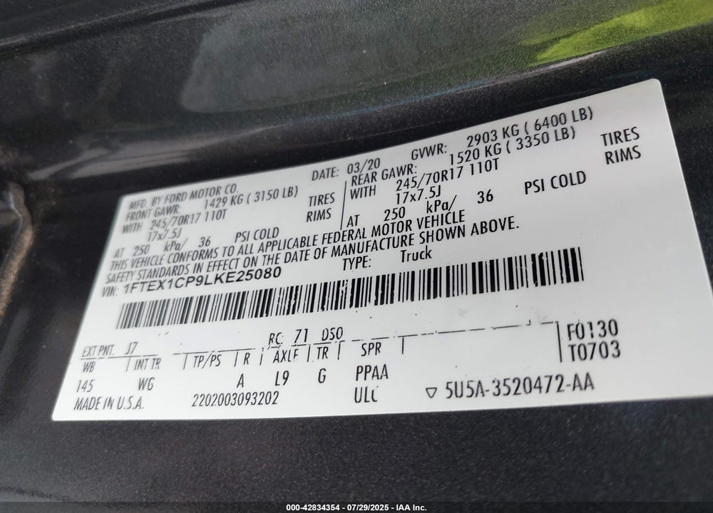 2020 FORD F-150 VIN: 1FTEX1CP9LKE25080