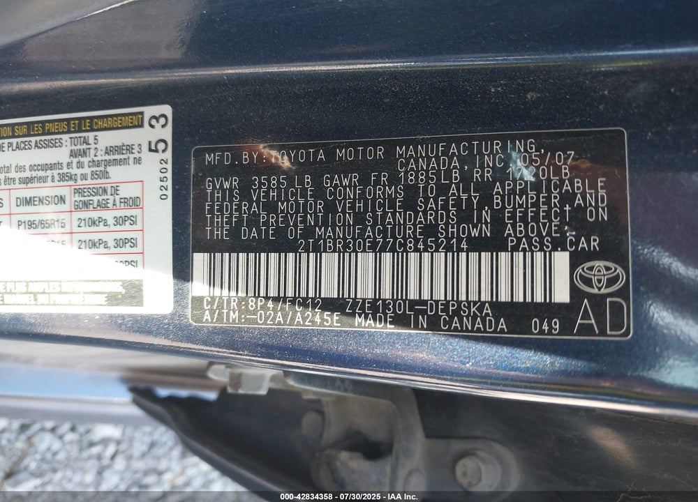 2007 TOYOTA COROLLA S VIN: 2T1BR30E77C845214