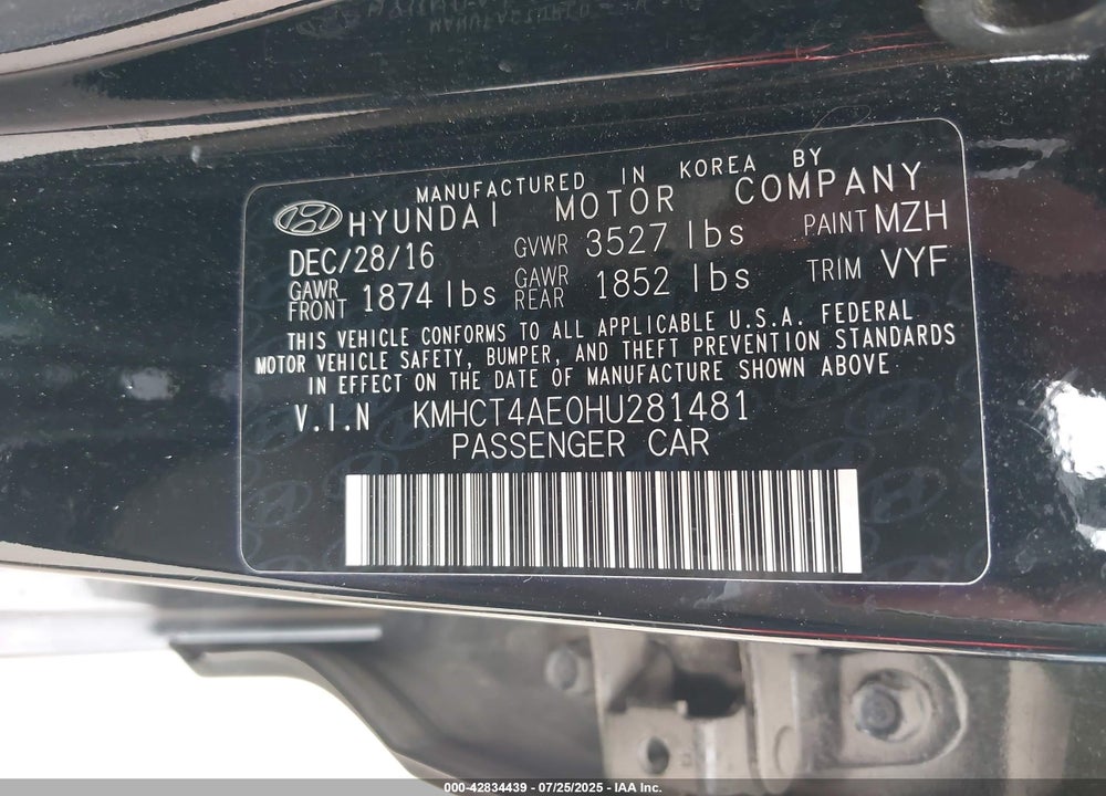 2017 HYUNDAI ACCENT VIN: KMHCT4AE0HU281481
