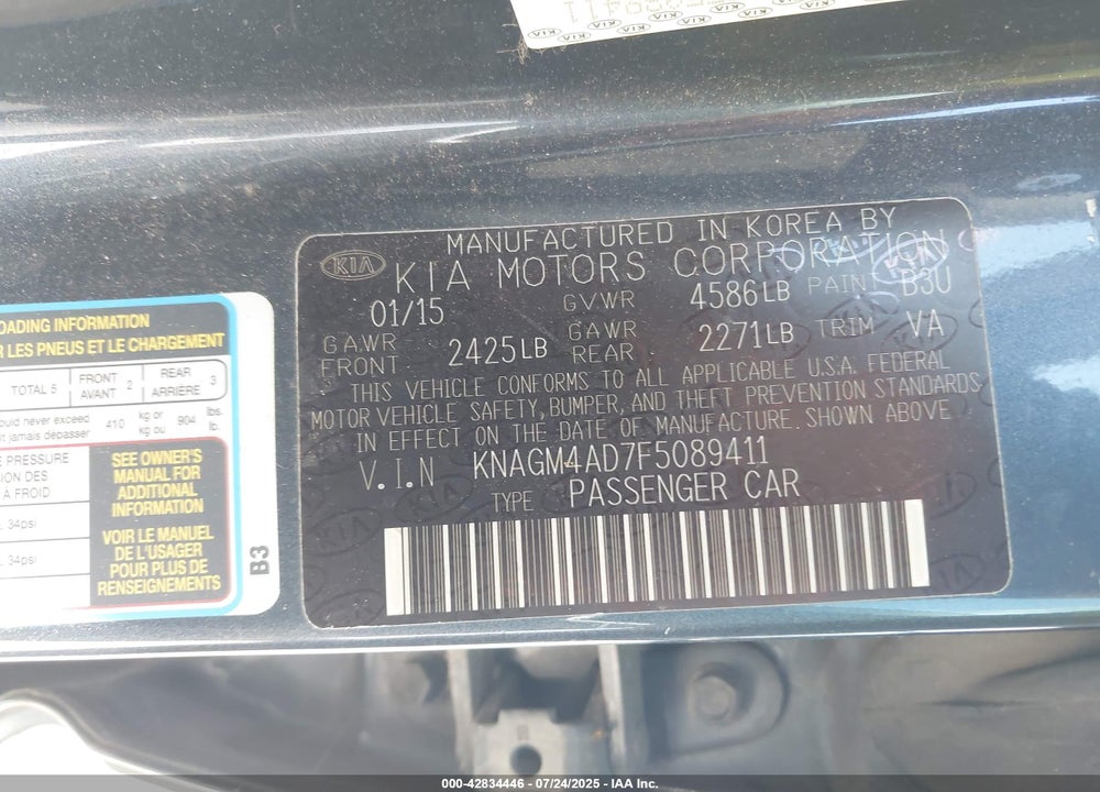 2015 KIA OPTIMA HYBRID VIN: KNAGM4AD7F5089411