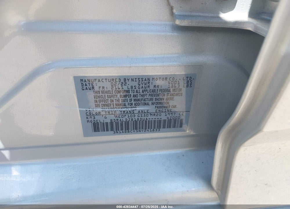 2022 NISSAN SENTRA VIN: 3N1AB8CV5NY241833