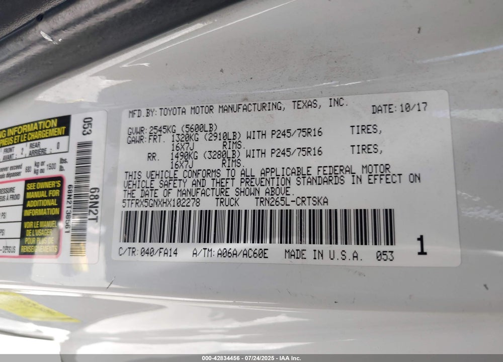 2017 TOYOTA TACOMA VIN: 5TFRX5GNXHX102278