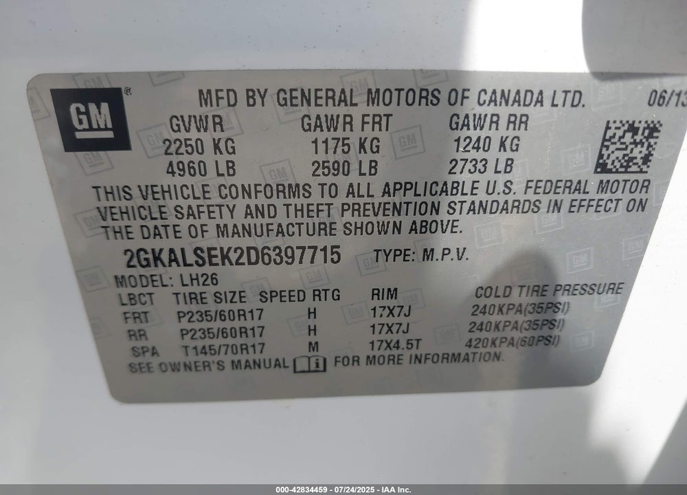 2013 GMC TERRAIN VIN: 2GKALSEK2D6397715