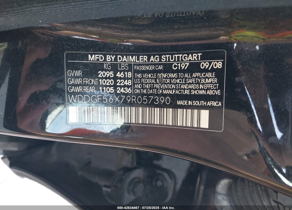2009 MERCEDES-BENZ C CLASS VIN: WDDGF56X79R057390