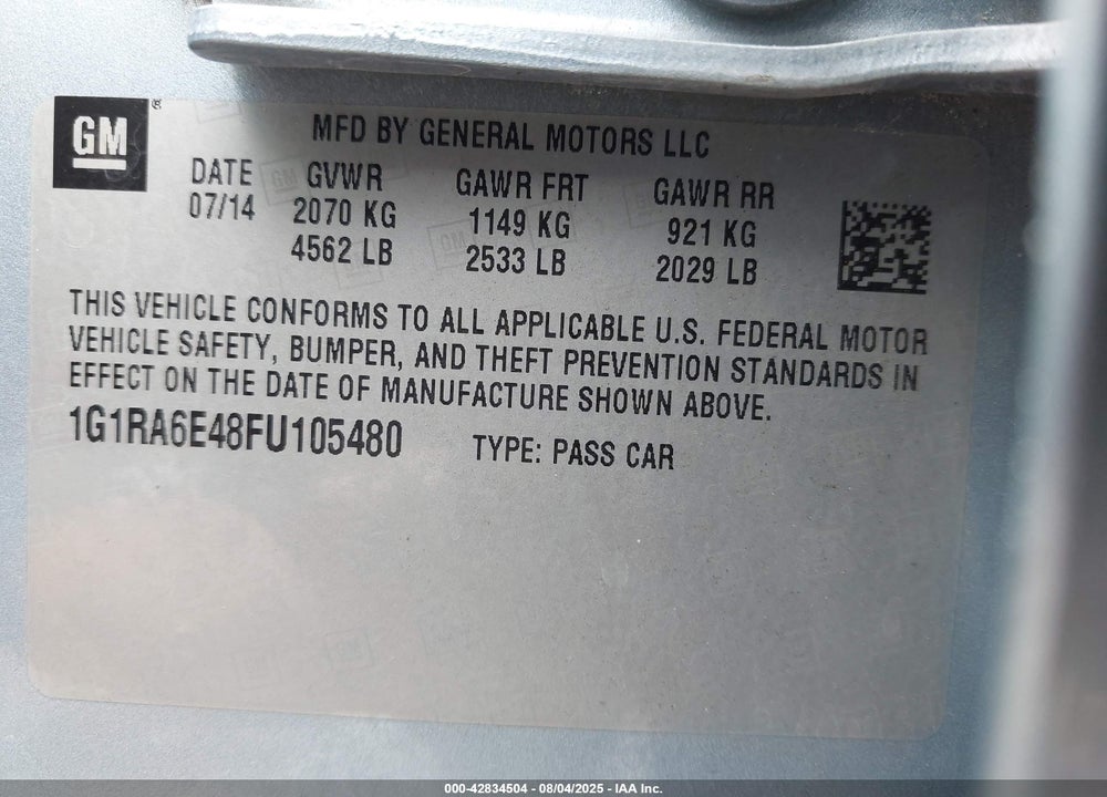 2015 CHEVROLET VOLT VIN: 1G1RA6E48FU105480