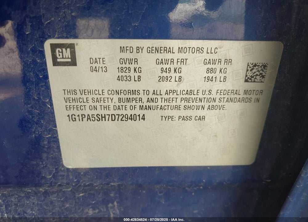 2013 CHEVROLET CRUZE VIN: 1G1PA5SH7D7294014