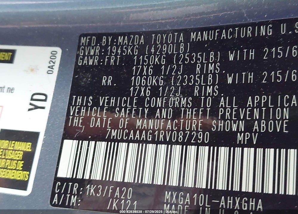 2024 TOYOTA COROLLA CROSS VIN: 7MUCAAAG1RV087290