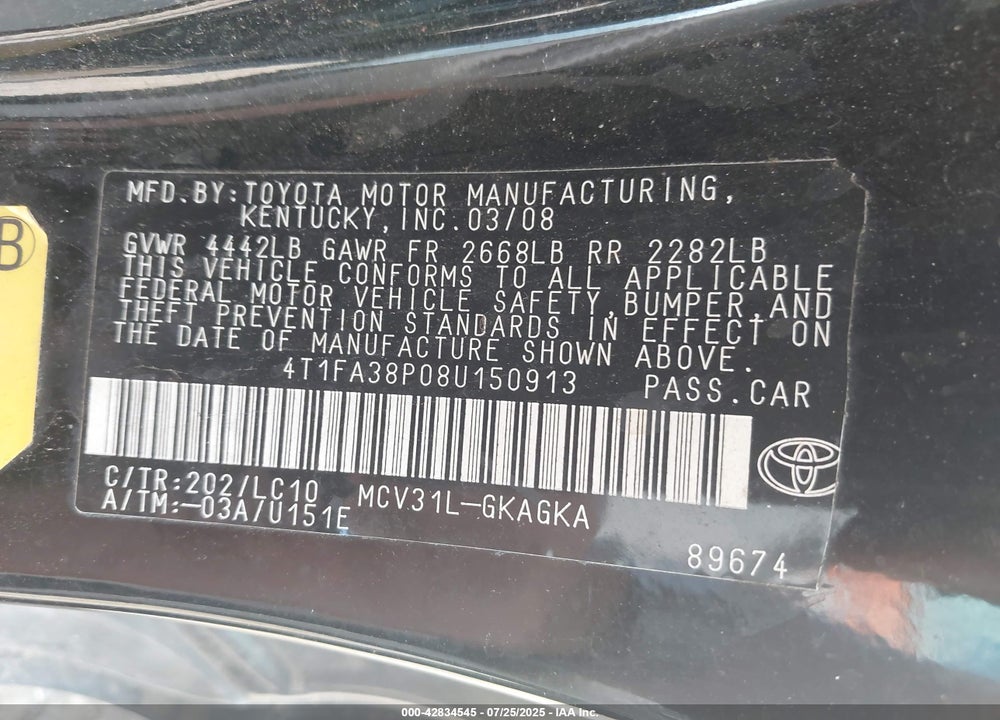 2008 TOYOTA CAMRY VIN: 4T1FA38P08U150913