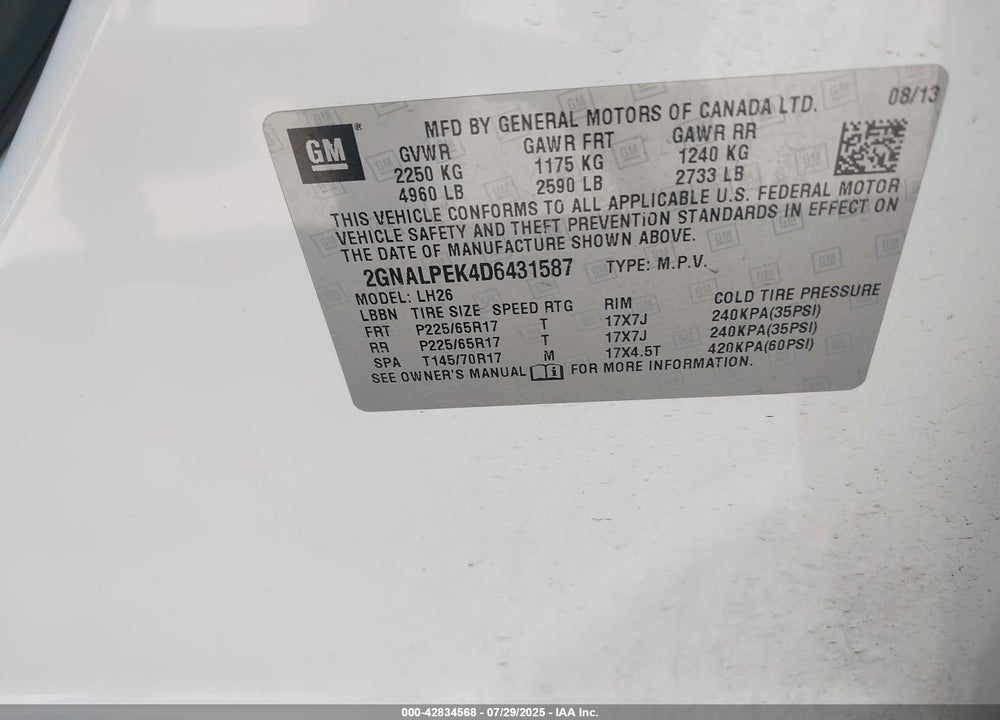 2013 CHEVROLET EQUINOX VIN: 2GNALPEK4D6431587