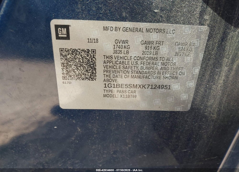 2019 CHEVROLET CRUZE VIN: 1G1BE5SMXK7124951