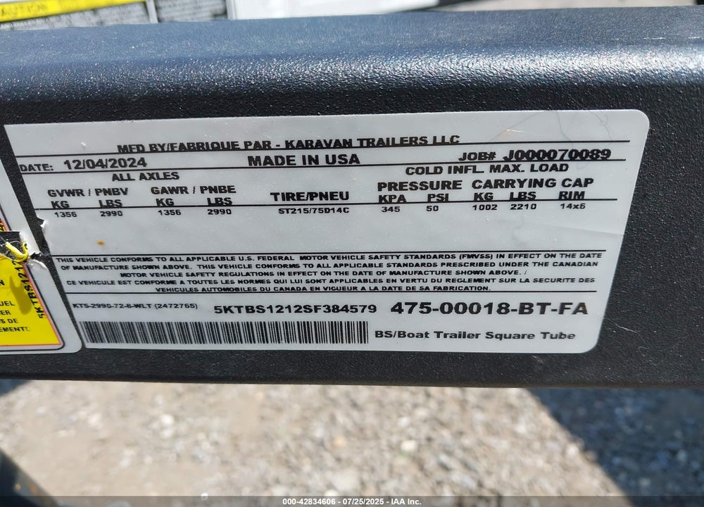 2025 KARAVAN 12' BOAT TRAILER VIN: 5KTBS1212SF384579