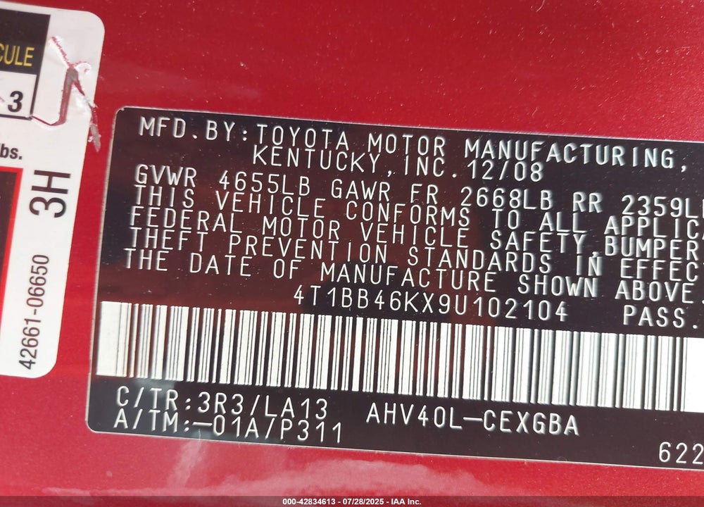 2009 TOYOTA CAMRY HYBRID VIN: 4T1BB46KX9U102104