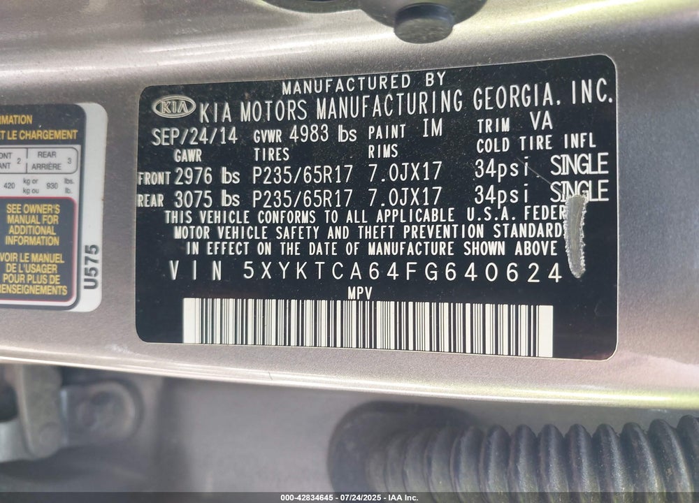 2015 KIA SORENTO VIN: 5XYKTCA64FG640624