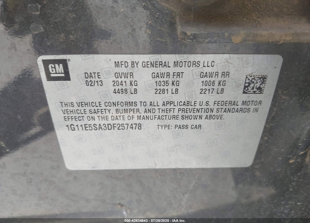 2013 CHEVROLET MALIBU VIN: 1G11E5SA3DF257478