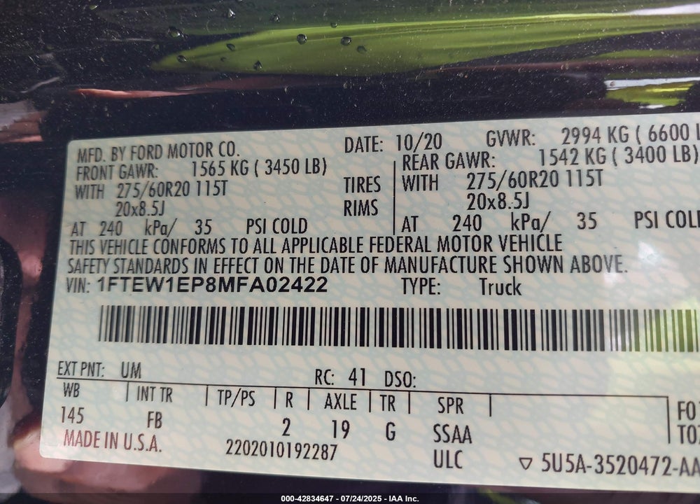 2021 FORD F-150 VIN: 1FTEW1EP8MFA02422