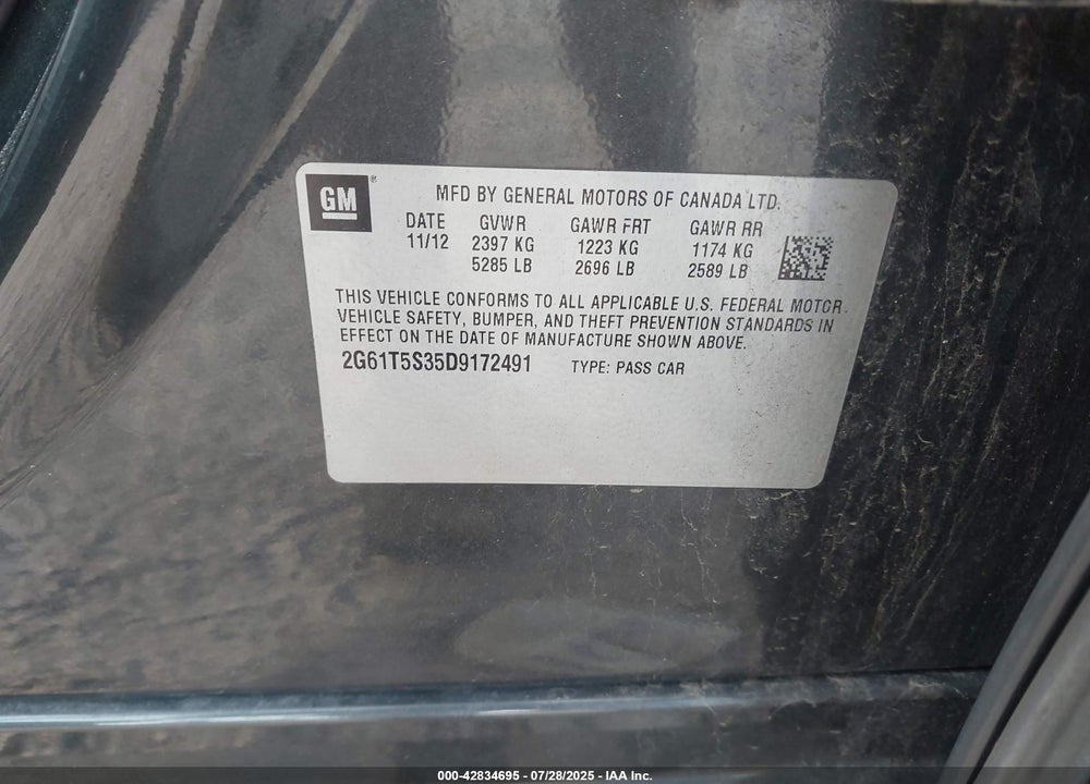 2013 CADILLAC XTS PREMIUM VIN: 2G61T5S35D9172491