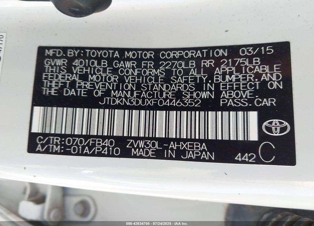 2015 TOYOTA PRIUS VIN: JTDKN3DUXF0446352
