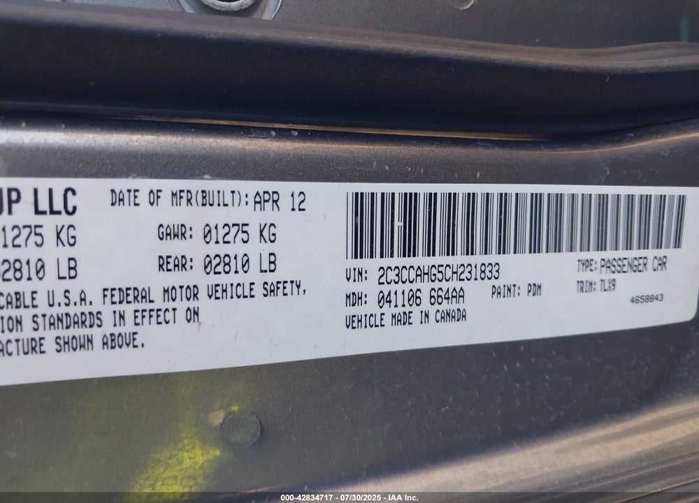 2012 CHRYSLER 300 VIN: 2C3CCAHG5CH231833
