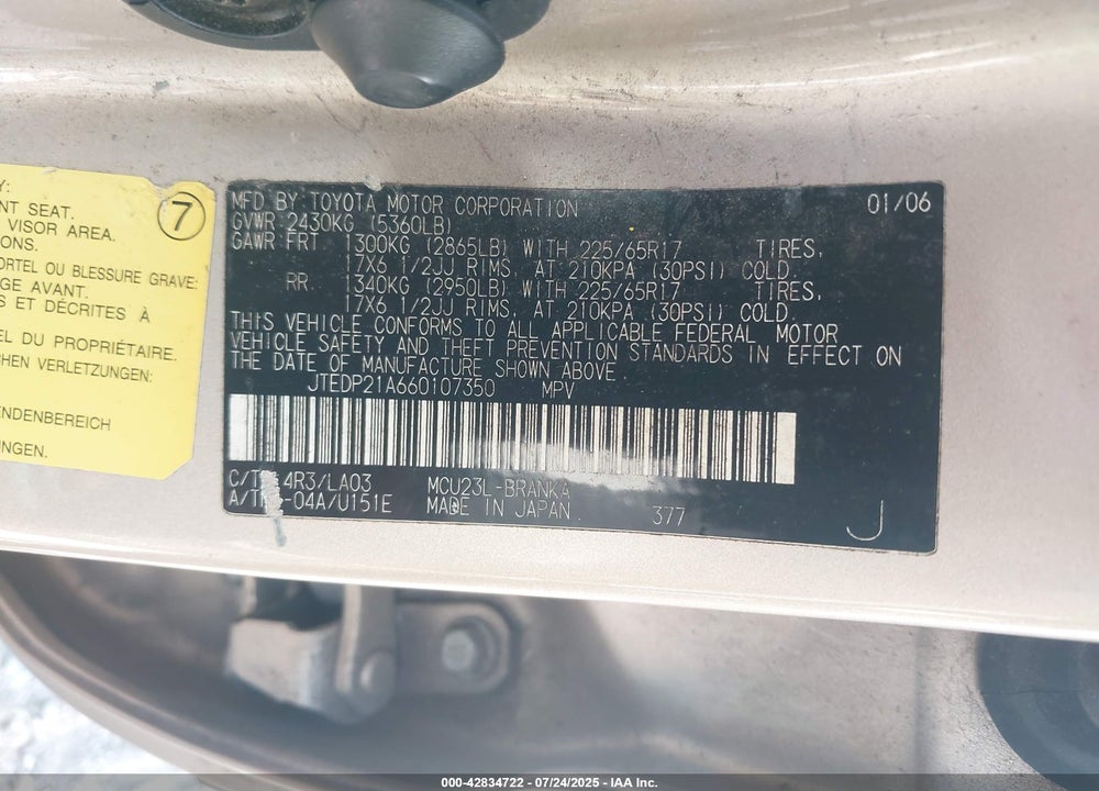 2006 TOYOTA HIGHLANDER VIN: JTEDP21A660107350