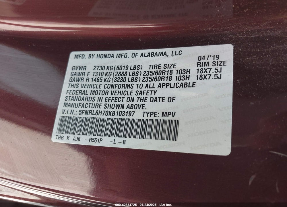 2019 HONDA ODYSSEY EX-L VIN: 5FNRL6H70KB103197