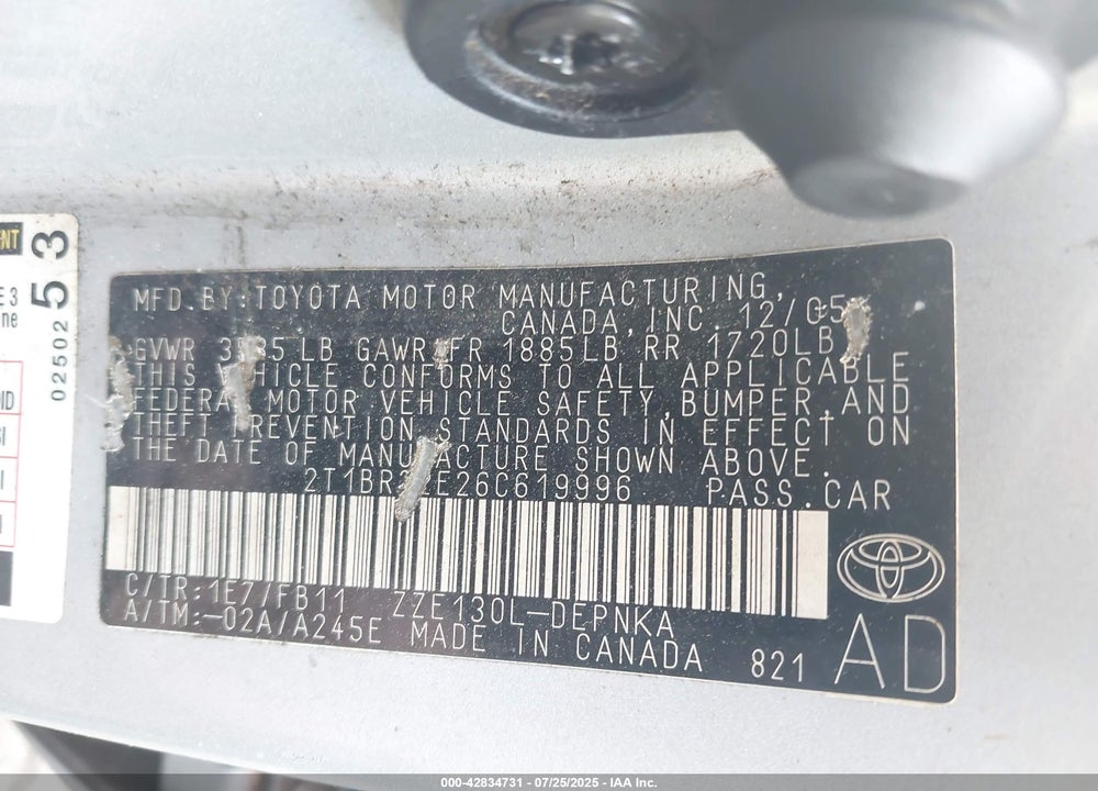 2006 TOYOTA COROLLA VIN: 2T1BR32E26C619996