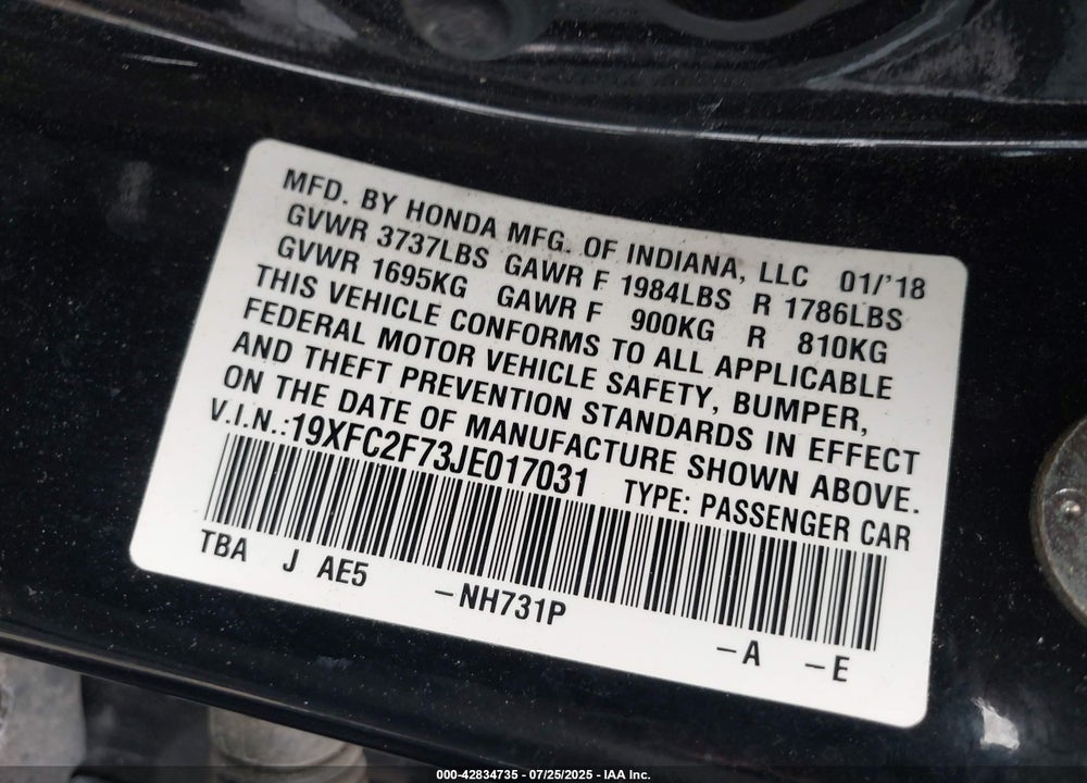 2018 HONDA CIVIC VIN: 19XFC2F73JE017031