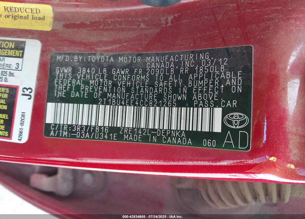 2012 TOYOTA COROLLA VIN: 2T1BU4EE4CC821265