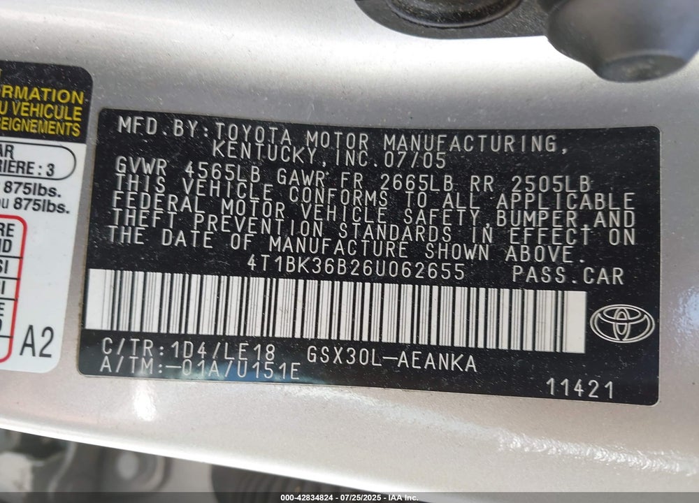 2006 TOYOTA AVALON VIN: 4T1BK36B26U062655