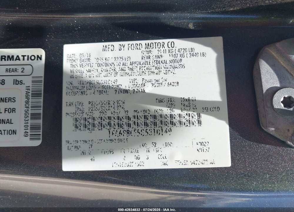 2016 FORD MUSTANG VIN: 1FA6P8CF5G5310149