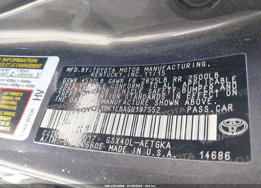 2016 TOYOTA AVALON VIN: 4T1BK1EBXGU197552