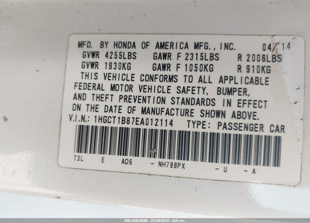 2014 HONDA ACCORD VIN: 1HGCT1B87EA012114