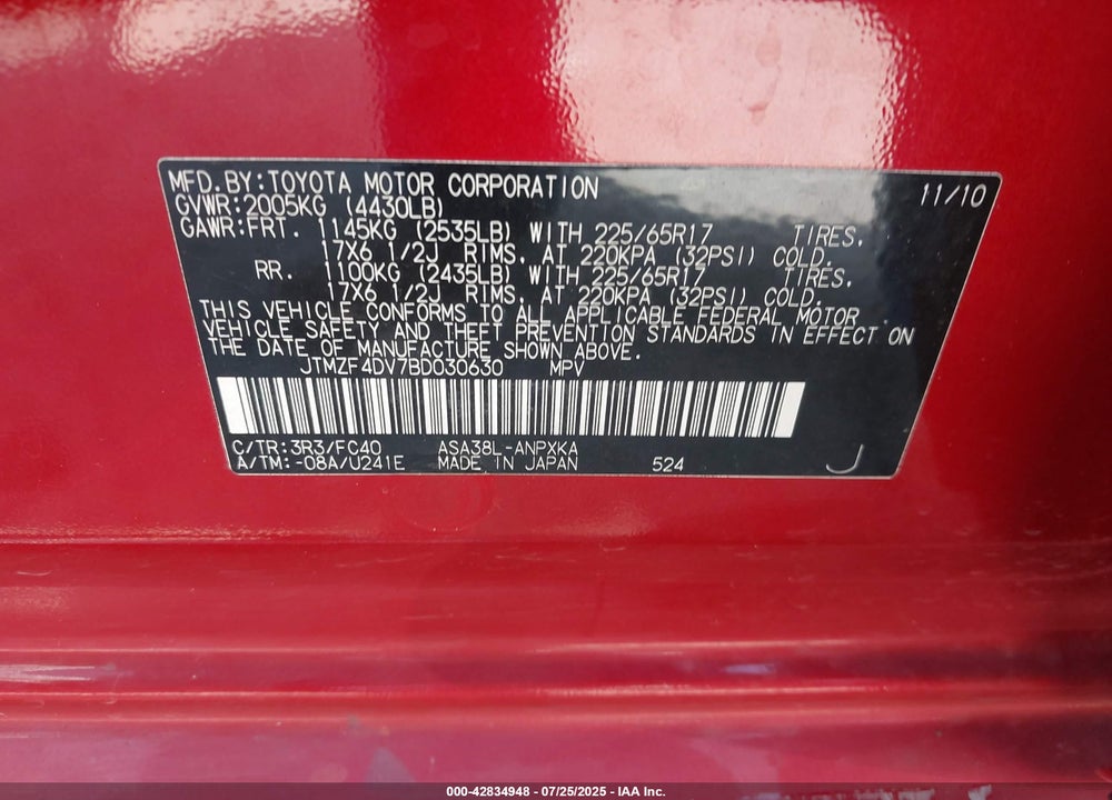 2011 TOYOTA RAV4 VIN: JTMZF4DV7BD030630