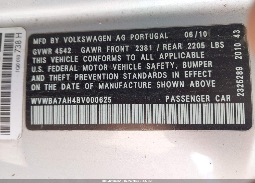 2011 VOLKSWAGEN EOS VIN: WVWBA7AH4BV000625