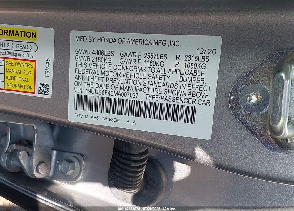2021 ACURA TLX VIN: 19UUB5F46MA007037