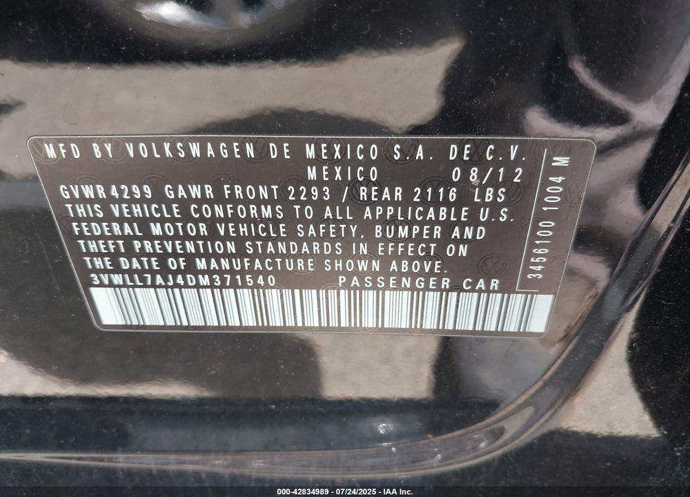 2013 VOLKSWAGEN JETTA VIN: 3VWLL7AJ4DM371540