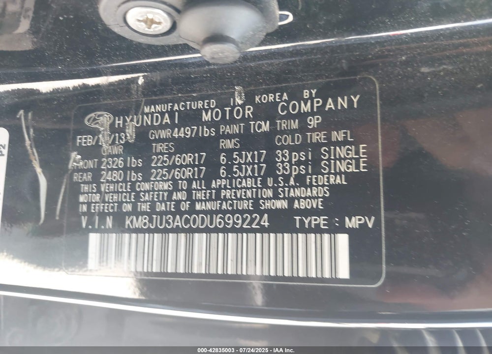2013 HYUNDAI TUCSON VIN: KM8JU3AC0DU699224