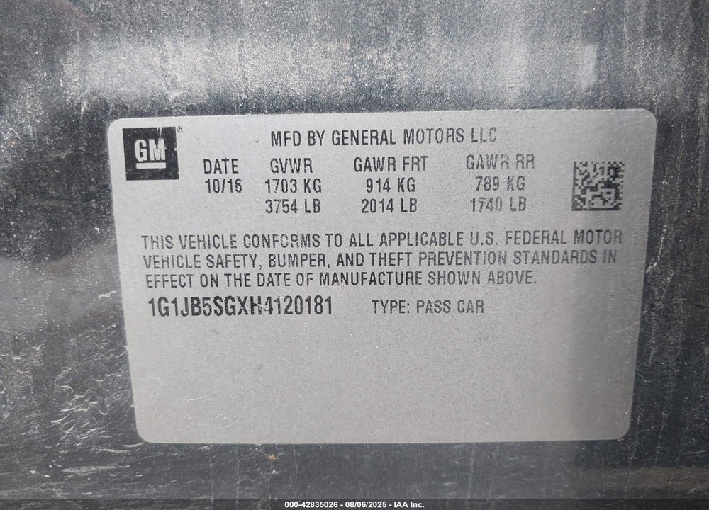 2017 CHEVROLET SONIC LS AUTO VIN: 1G1JB5SGXH4120181
