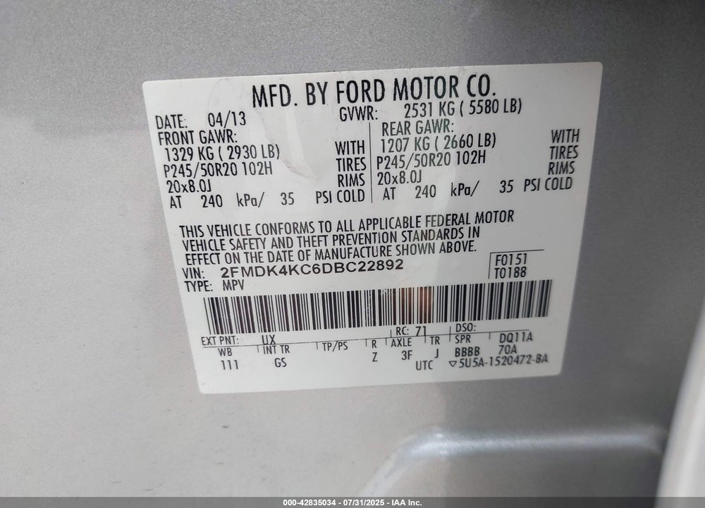 2013 FORD EDGE VIN: 2FMDK4KC6DBC22892