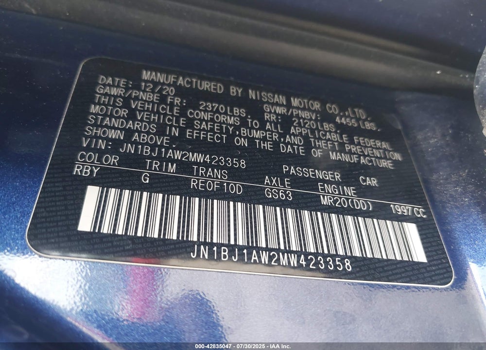 2021 NISSAN ROGUE SPORT VIN: JN1BJ1AW2MW423358