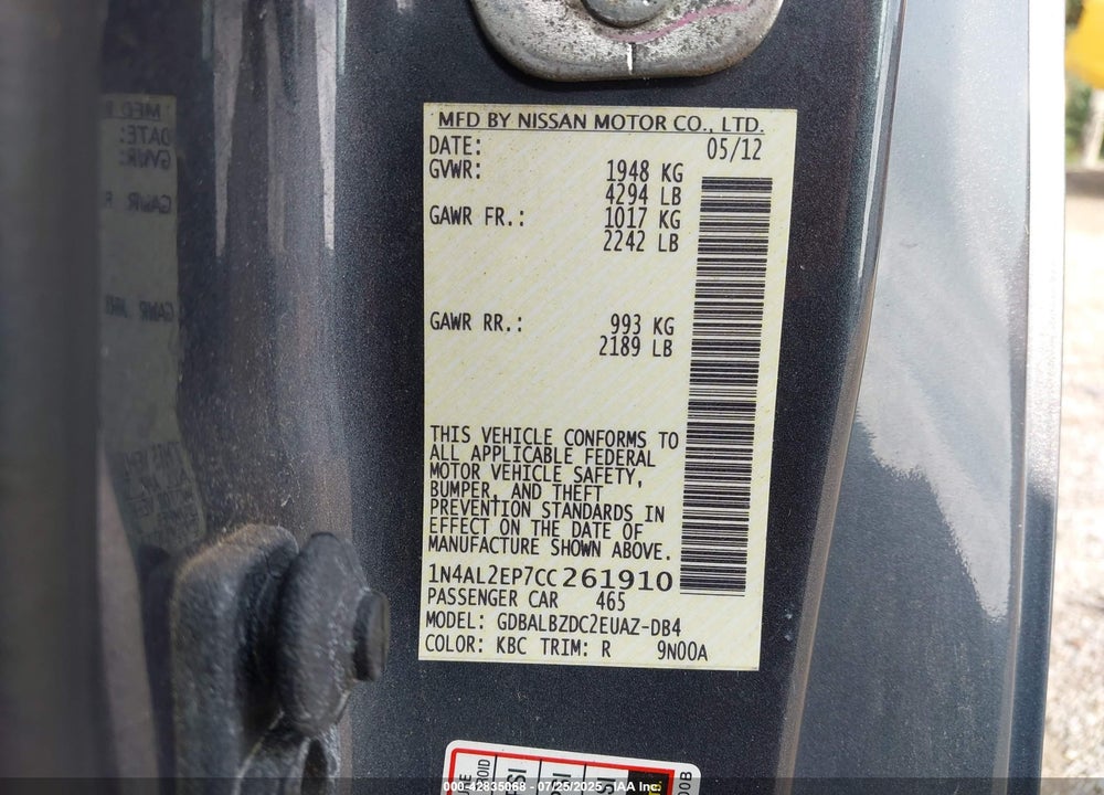 2012 NISSAN ALTIMA VIN: 1N4AL2EP7CC261910