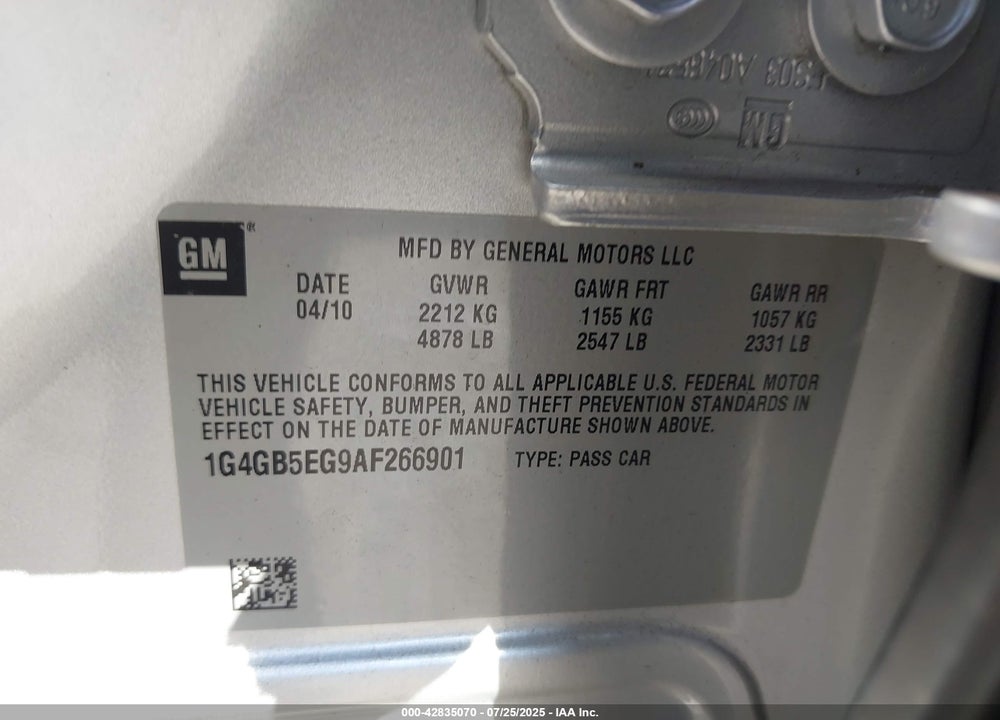 2010 BUICK LACROSSE VIN: 1G4GB5EG9AF266901