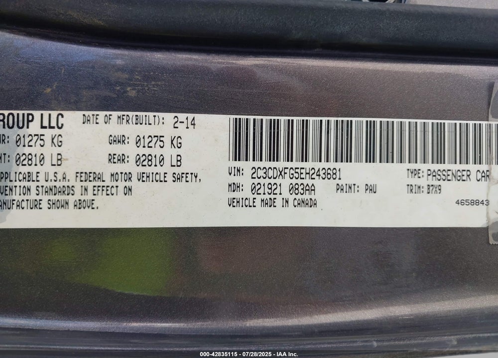2014 DODGE CHARGER VIN: 2C3CDXFG5EH243681