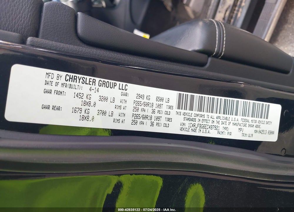 2014 JEEP GRAND CHEROKEE LIMITED VIN: 1C4RJFBG6EC497921