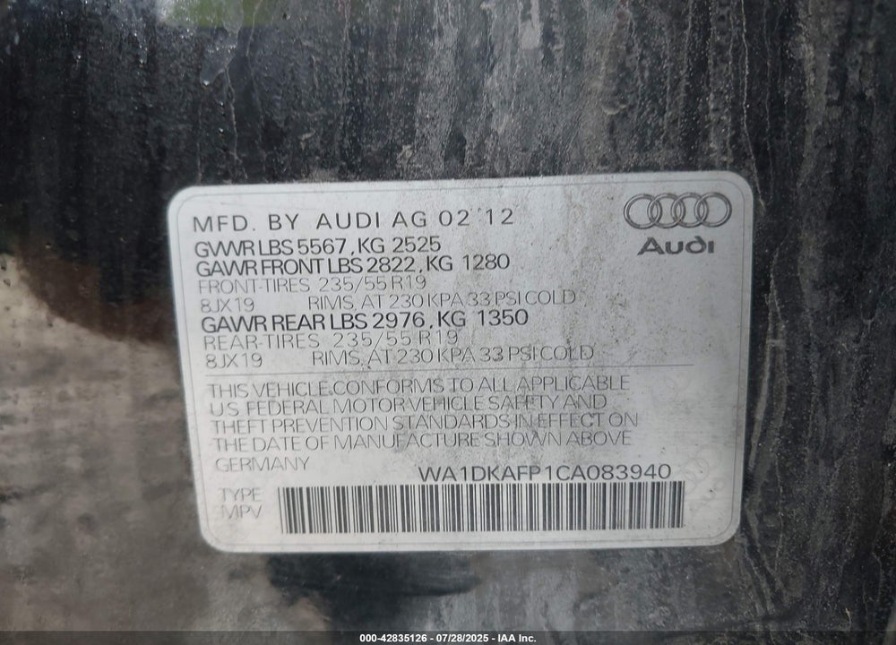 2012 AUDI Q5 VIN: WA1DKAFP1CA083940