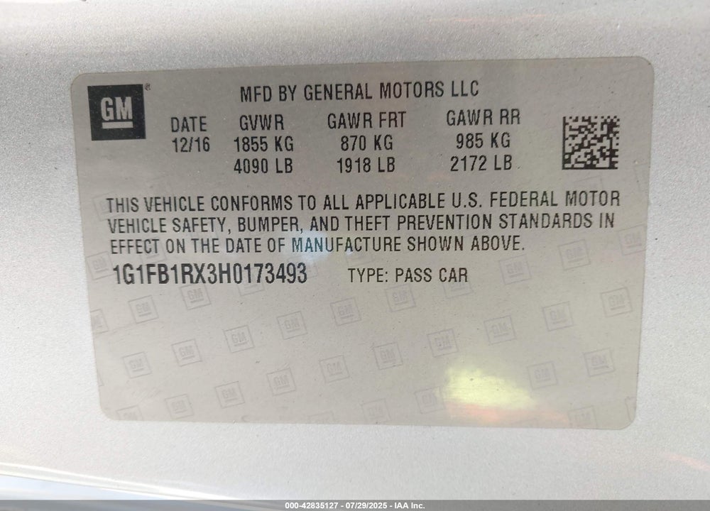 2017 CHEVROLET CAMARO VIN: 1G1FB1RX3H0173493